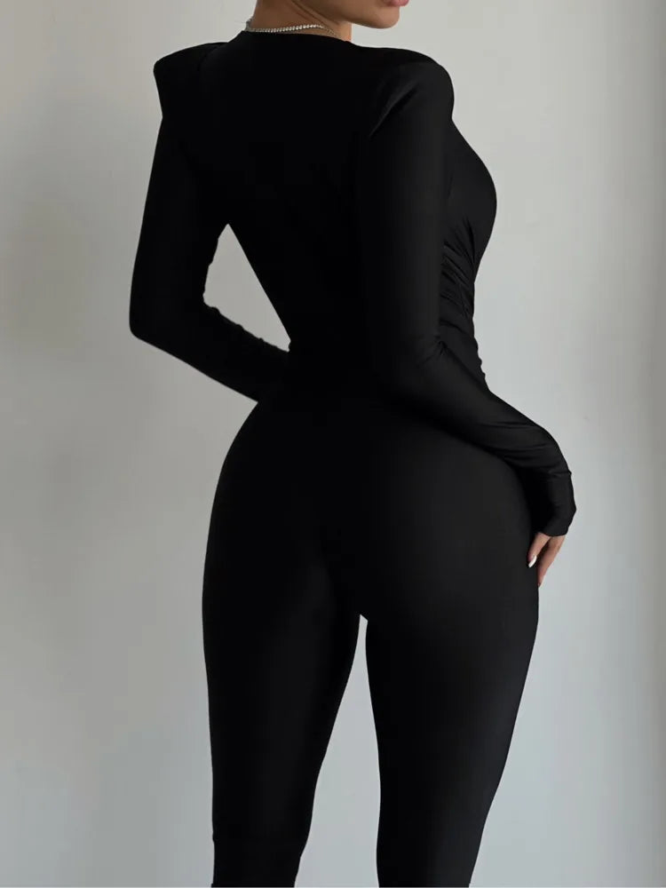 Mozision Deep V Neck Long Sleeve Skinny Jumpsuits Women Rompers Elegant Black High Waist Ruched Slim Sexy Jumpsuit