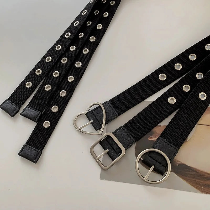 Perforated black canvas belt student unisex whole jeans metal cutout extended belt with hipster waistband belt