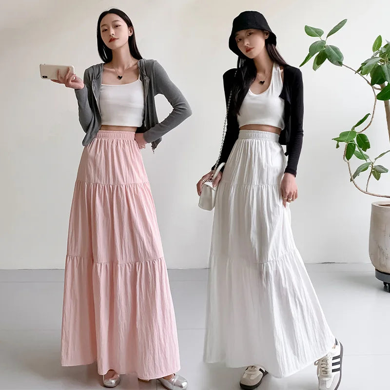 New White Long Skirts for Women Summer Y2k Clothes Korean Fashion High Waist Harajuku Elegant Casual Dance Pink Skirt