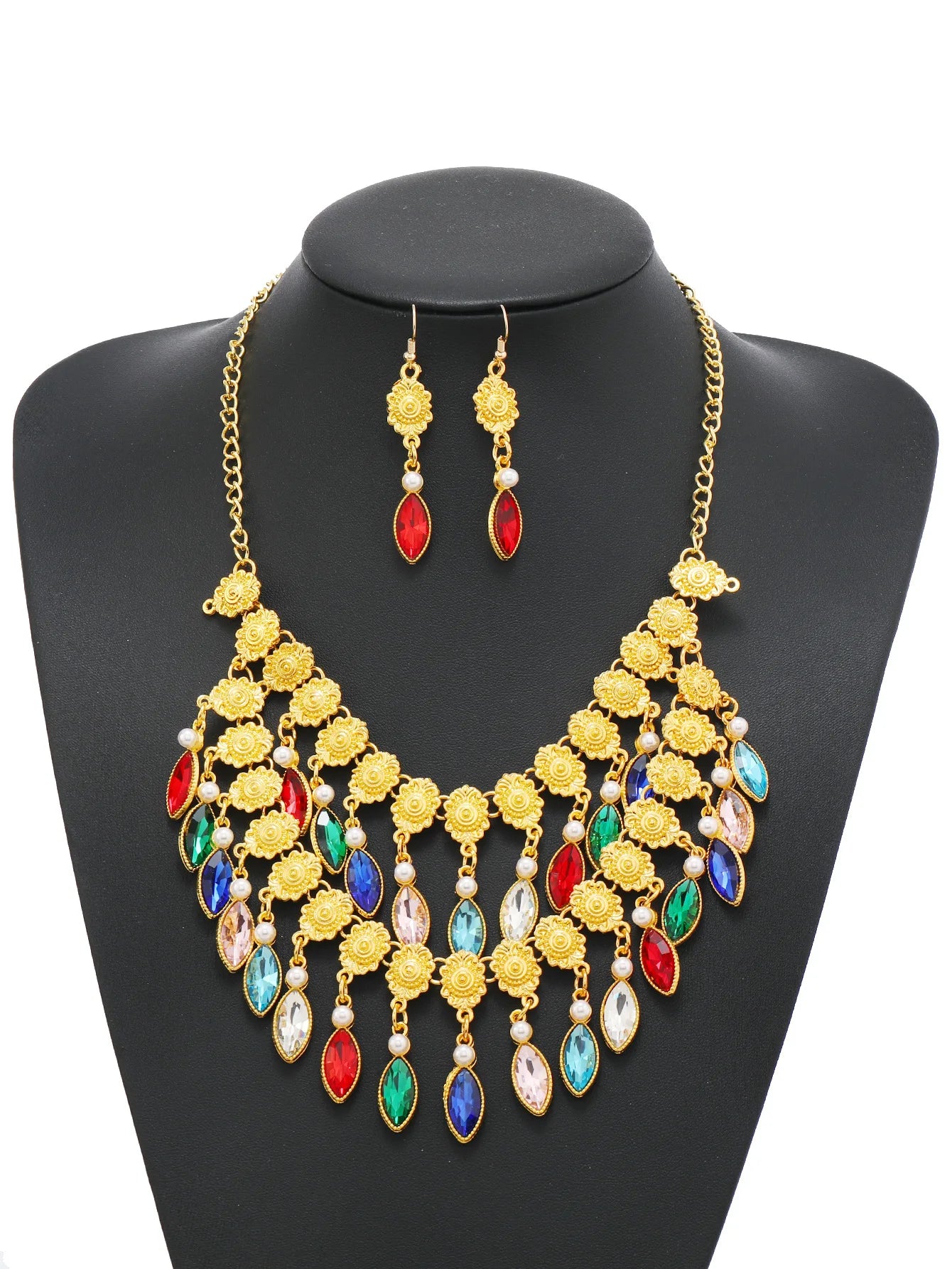 Dubai Indian Crystal Tassel Necklace Earrings Set Women Gold Color Flower Pearl Jewelry Sets African Bridal Wedding Party  indian jewellery