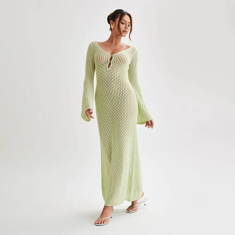 Women Long Knit Dress Hollow Out Deep V-Neck Long Sleeve Bikin Fashion Cover Up Beach Club Sexy Elegant See Through Dresses New long dress party dress