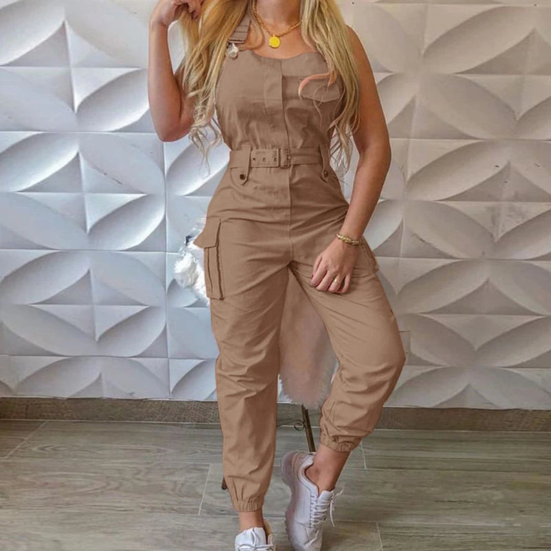 Solid Jumpsuit For Women Spring Summer New Sleeveless Shoulder Strap Pocket Slim Fashion Elegant Casual Commute Female Jumpsuit