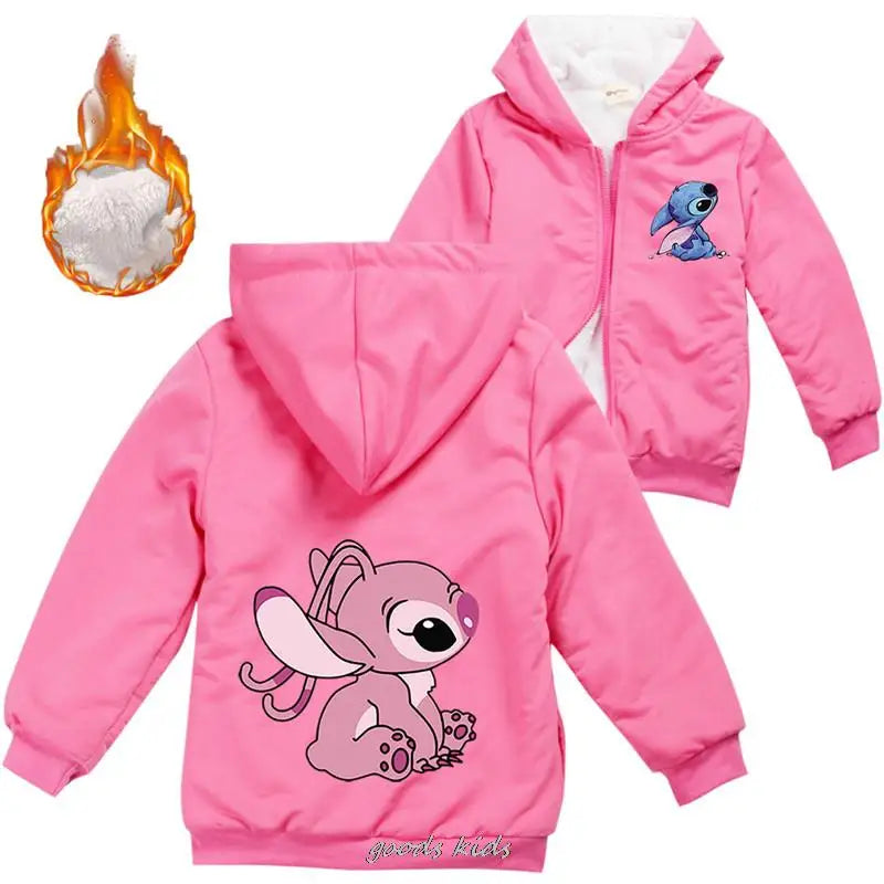 Lilo And Stitch Kids Jackets Boys Winter Thick Coats Warm Fur Outerwear For Youth Girls Hooded Jacket Children's Clothes 2-16Y  girls jackets and coats