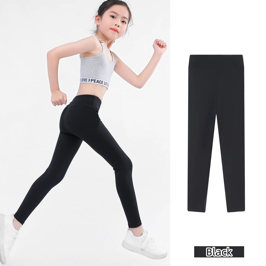 Spring Autumn Girl Pants Black Cotton Spandex Bobbi Running Yoga Pants High Waist Sports Leggings Gym Children Kids Skinny Tight