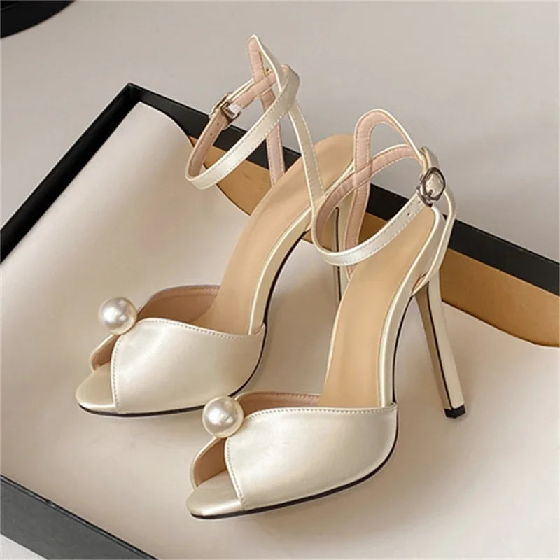 String Bead Open Toe Sandals Woman Ankle Buckle Strap Stiletto Heels Party Prom Shoes Summer Pumps Zapatos Mujer party sandal