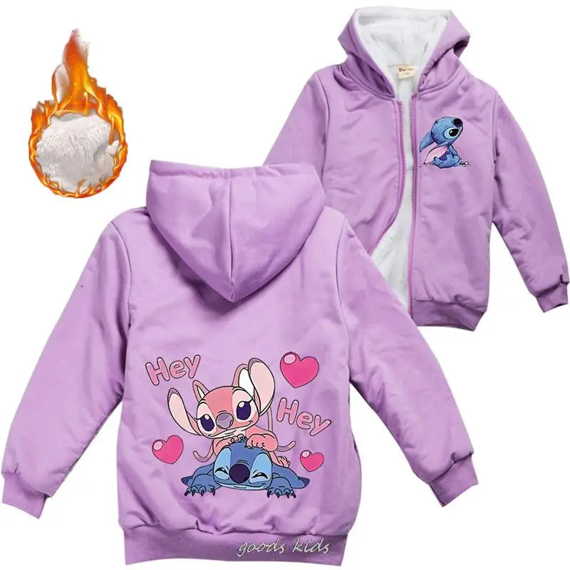 Lilo And Stitch Kids Jackets Boys Winter Thick Coats Warm Fur Outerwear For Youth Girls Hooded Jacket Children's Clothes 2-16Y  girls jackets and coats