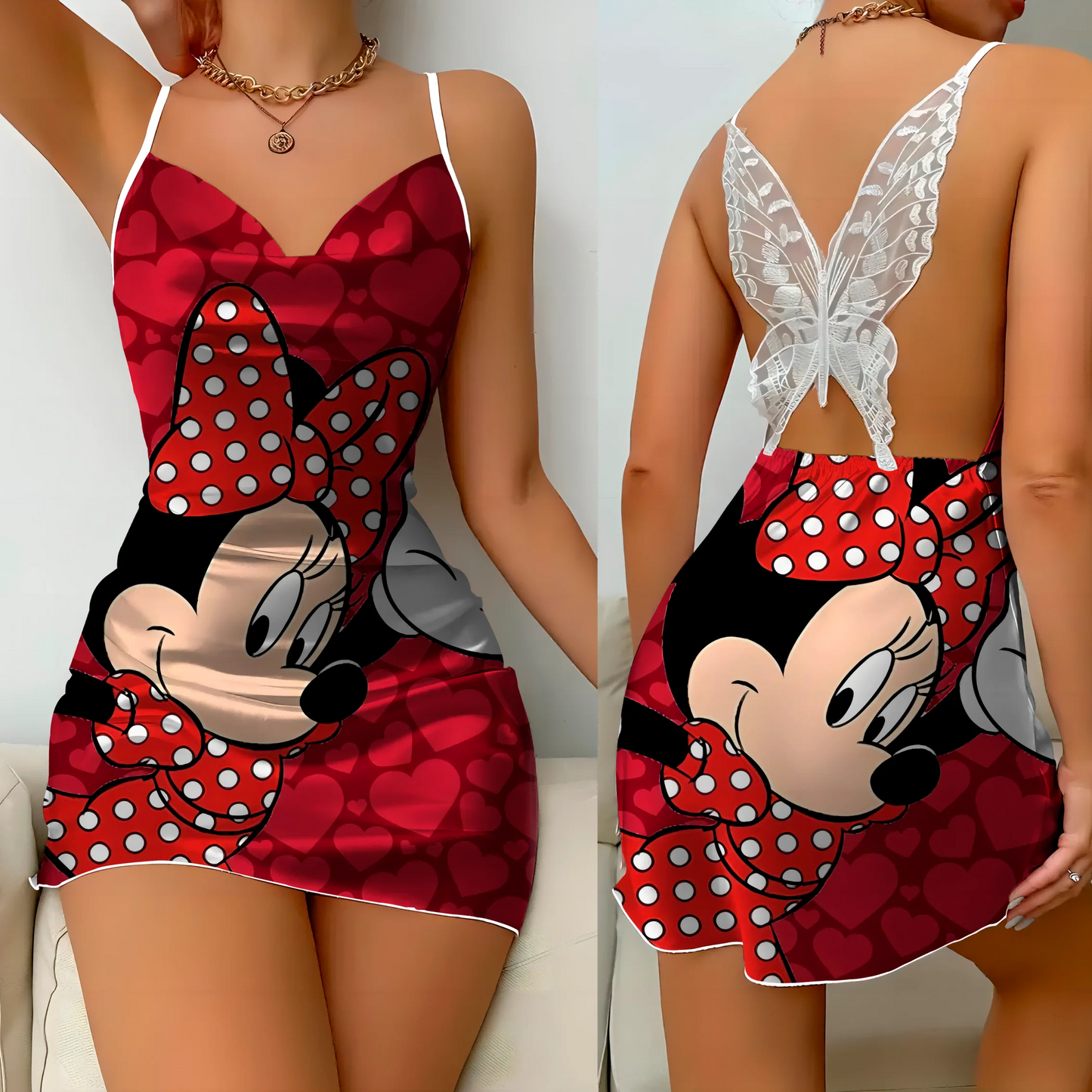 Mini Dress Pajama Skirt Bow Knot Party Dresses Satin Surface Minnie Mouse Disney Mickey Womens Fashion party dress