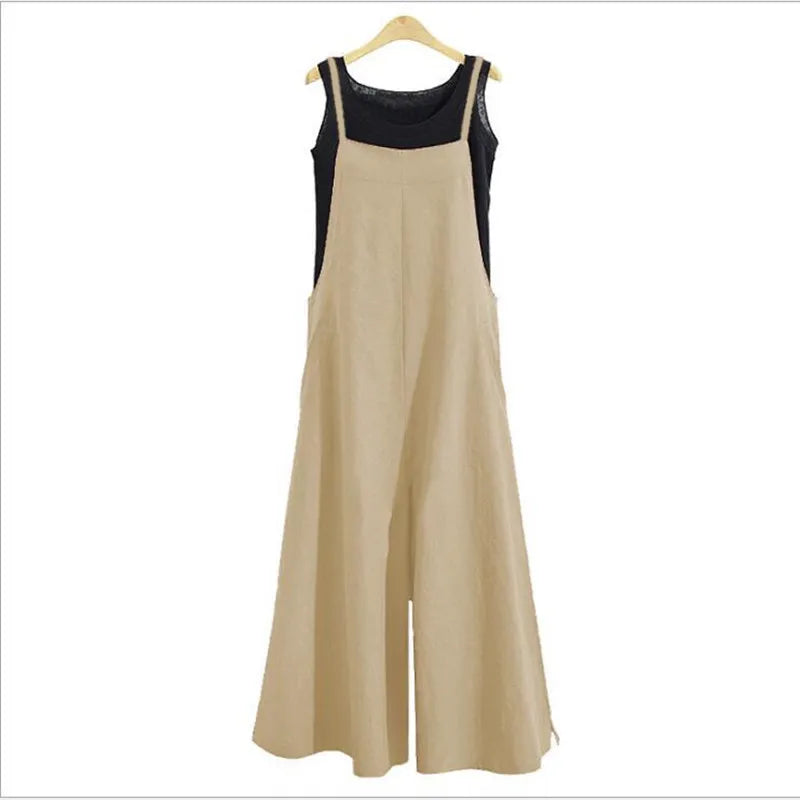 Women Casual Wide-Legged Jumpsuit Cotton Linen Breathable Sleeveless One-Piece Loose Long Jumpsuit