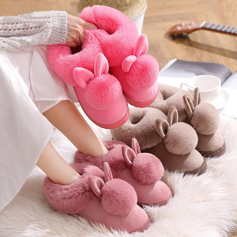 Winter Warm Home Fur Boots Womens Indoor Home Rabbit Shoe Furry Ears Footwear Indoor Bedroom Flat Heels Fluffy Ankle Boots