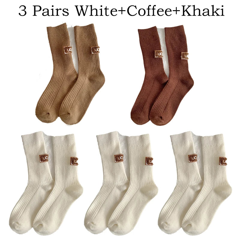 5 Pairs Winter Socks Women Cashmere Wool Socks Solid Warm Thickened Pile Embroidered Logo Mid-Calf Socks Casual Snow Boot Socks