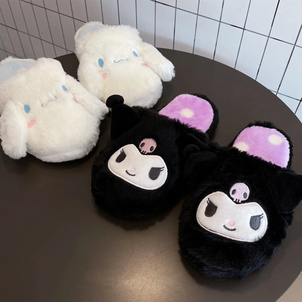 Kuromi My Melody Sanrio Cartoon Plush Slippers Floor Slippers Warm Winter Indoor Slippers Flat Casual Non-slip Girl Home Shoes