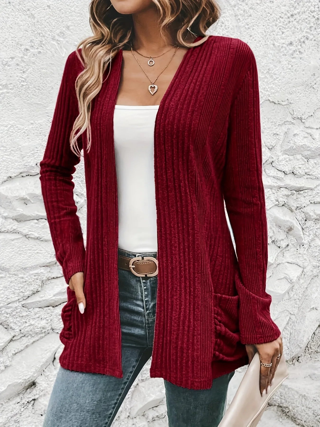 Elegant open front solid cardigan, long sleeve double pocket cardigan, suitable for spring and autumn, women's clothing  sweater