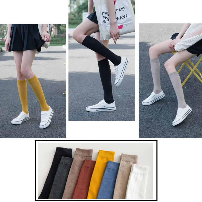 2 Pairs Women Cotton Knee High Socks Black White Solid color Fashion Casual Calf Sock Female Girl Party Dancing Sexy Long Socks