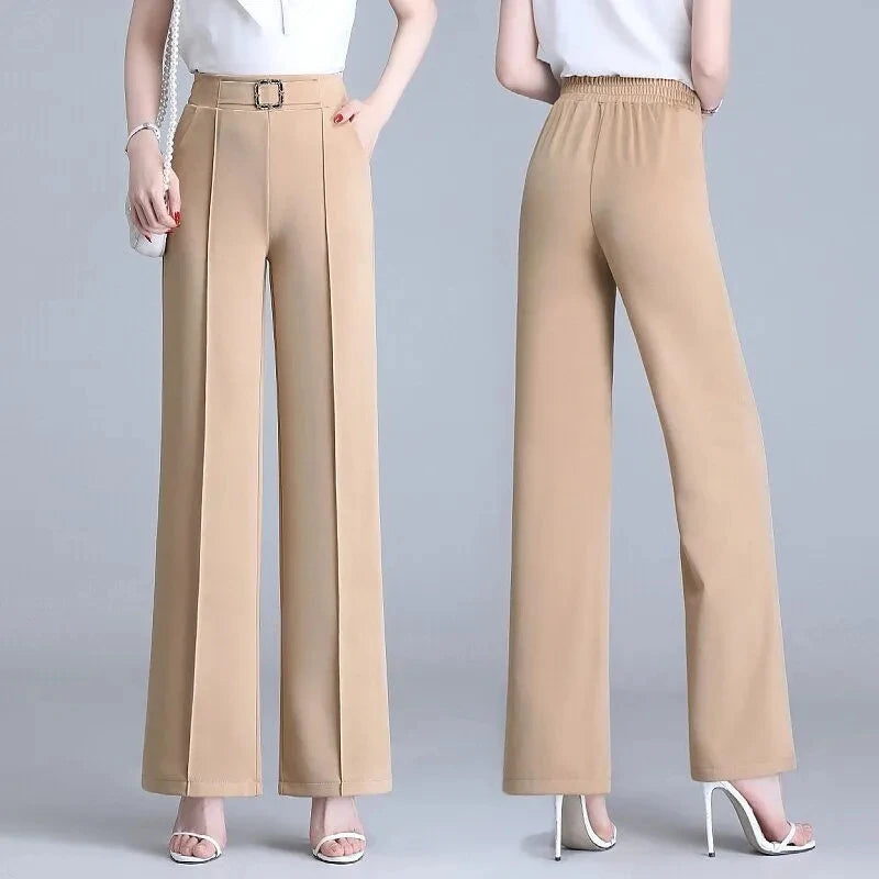 Khaki High Waist Ice Silk Wide Leg Pantalones 2023 Summer Design Mom's Straight Trousers Elegant Elastic Waist Baggy Pants Women bottom