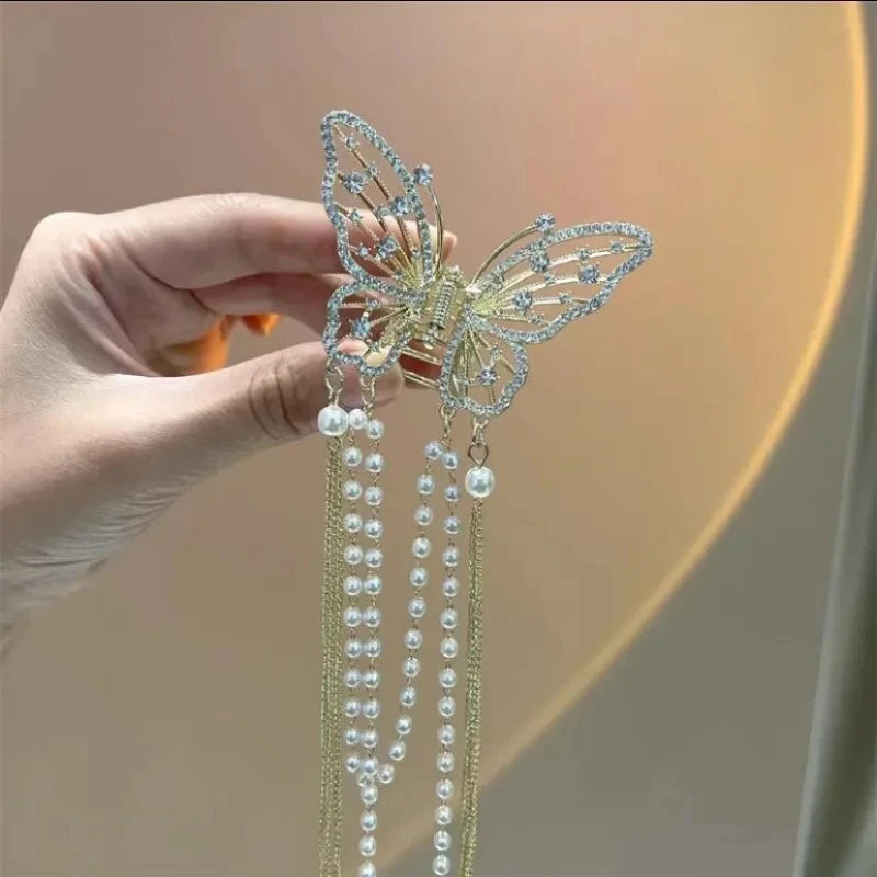 Hollow Butterfly Tassel Hairpin Korean Girl Rhinestone Ponytail Hair Grabber Elegant Pearl Hair Accessories for Women hairclips