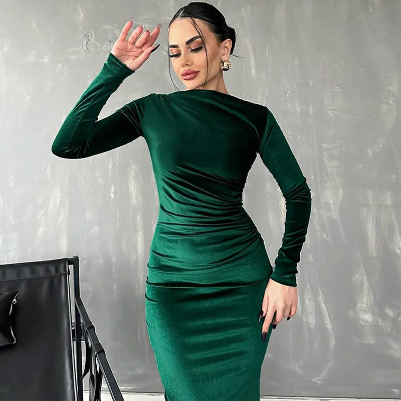 Spring Summer Velvet Long Sleeve Midi Dress For Women Ruched Long Dress Elegant Party Clothes Evening Green Outfits party dress