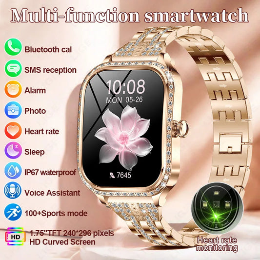 Fashion Women Smart Watch 1.75inch Curved Screen Sport Bracelet BT HD Calling Clock IP68 Waterproof Diamond Case Smartwatch watch