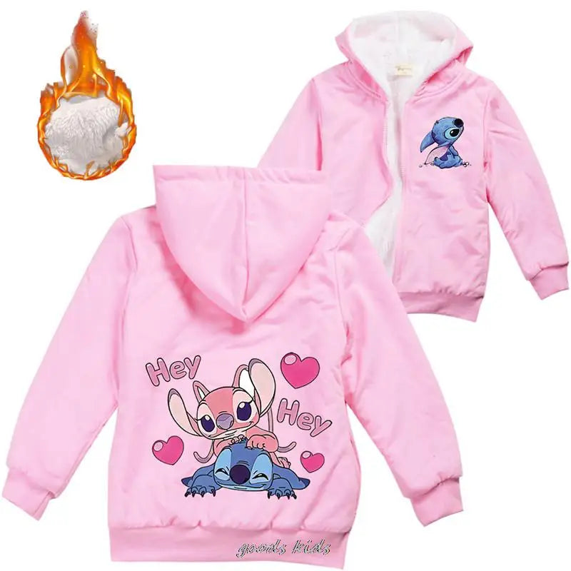 Lilo And Stitch Kids Jackets Boys Winter Thick Coats Warm Fur Outerwear For Youth Girls Hooded Jacket Children's Clothes 2-16Y  girls jackets and coats