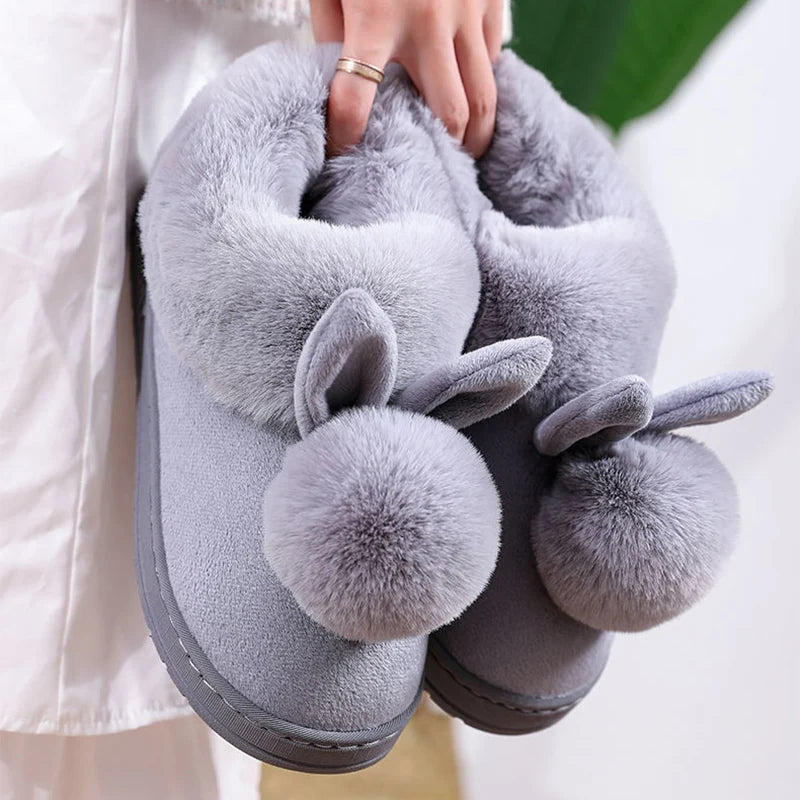 Winter Warm Home Fur Boots Womens Indoor Home Rabbit Shoe Furry Ears Footwear Indoor Bedroom Flat Heels Fluffy Ankle Boots