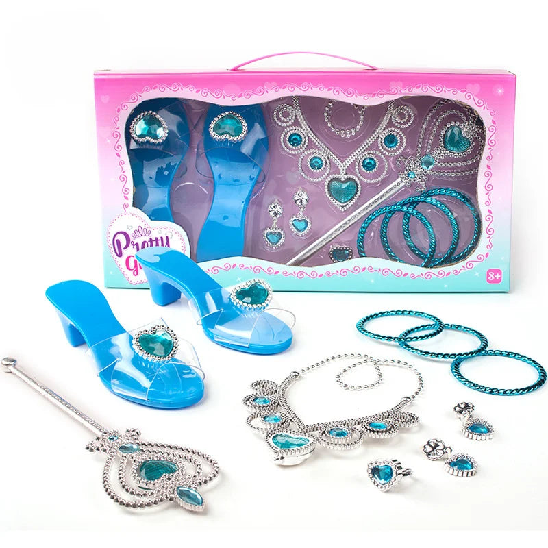 Girls Jewelry Toys Set Crystal Shoes Necklace Crown Earrings Bracelet Play Makeup Dress Up Princess Toys for Kids Role Play kids makeup