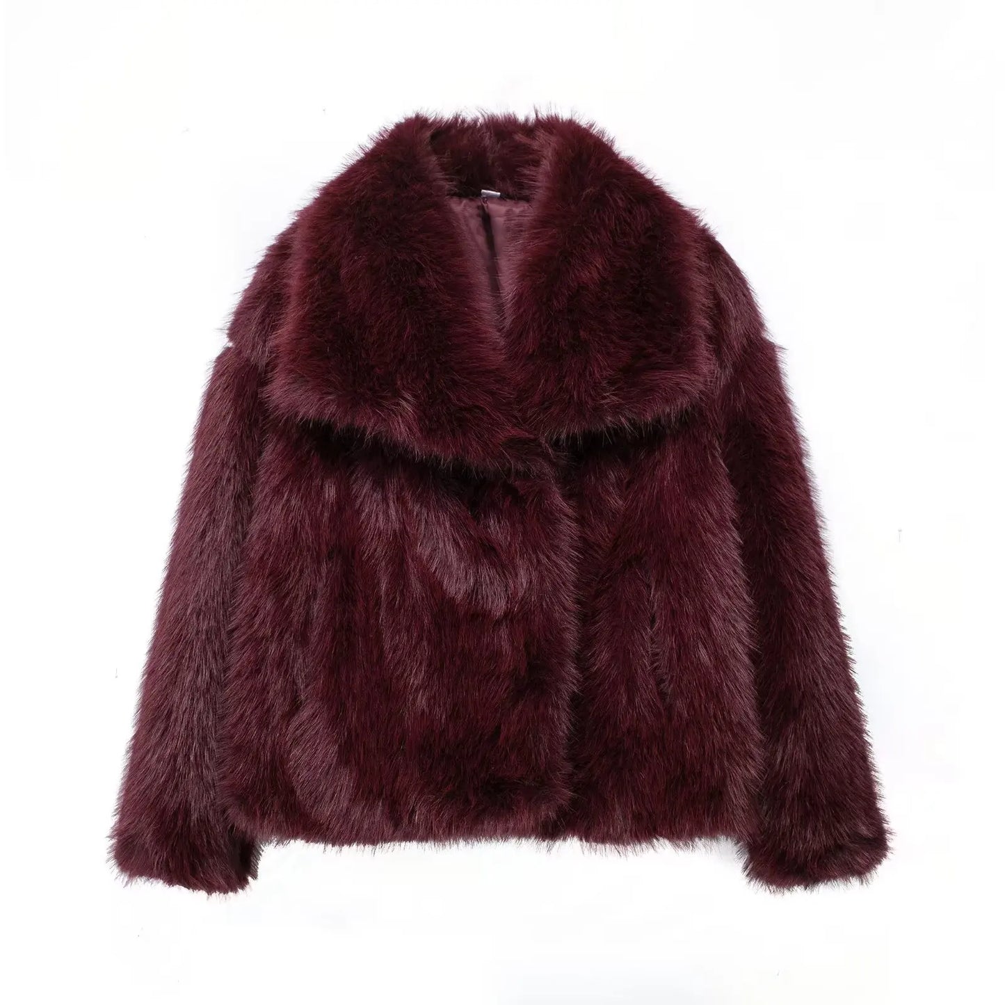 Women Fashion Cropped Faux Fur Jacket Coat Long Sleeve Front Snap-button Female Outerwear Chic Lapel Collar Thick Coat