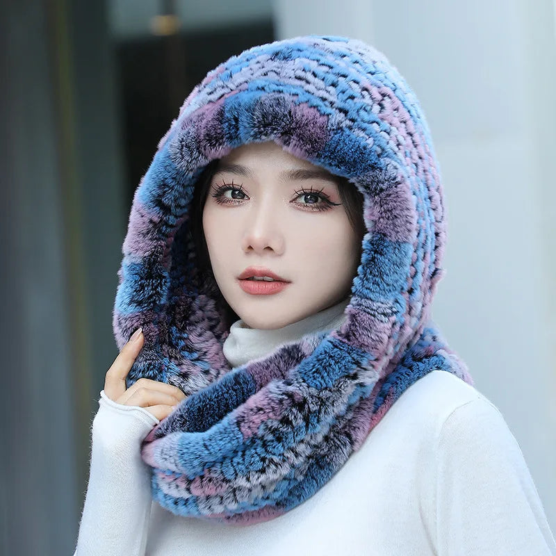 Hot Sale New Women Real Knitted Rex Rabbit Fur Hat Hooded Scarf Long Winter Warm Fur Hat With Neck Collar Scarves Hat Scarf scarf and shawl