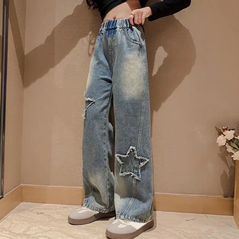 High Waist Jeans Girl Straight Loose Wide-leg Pants Spring and Autumn Korean Baggy Jeans Fashion Kids Denim Trousers bottoms girls