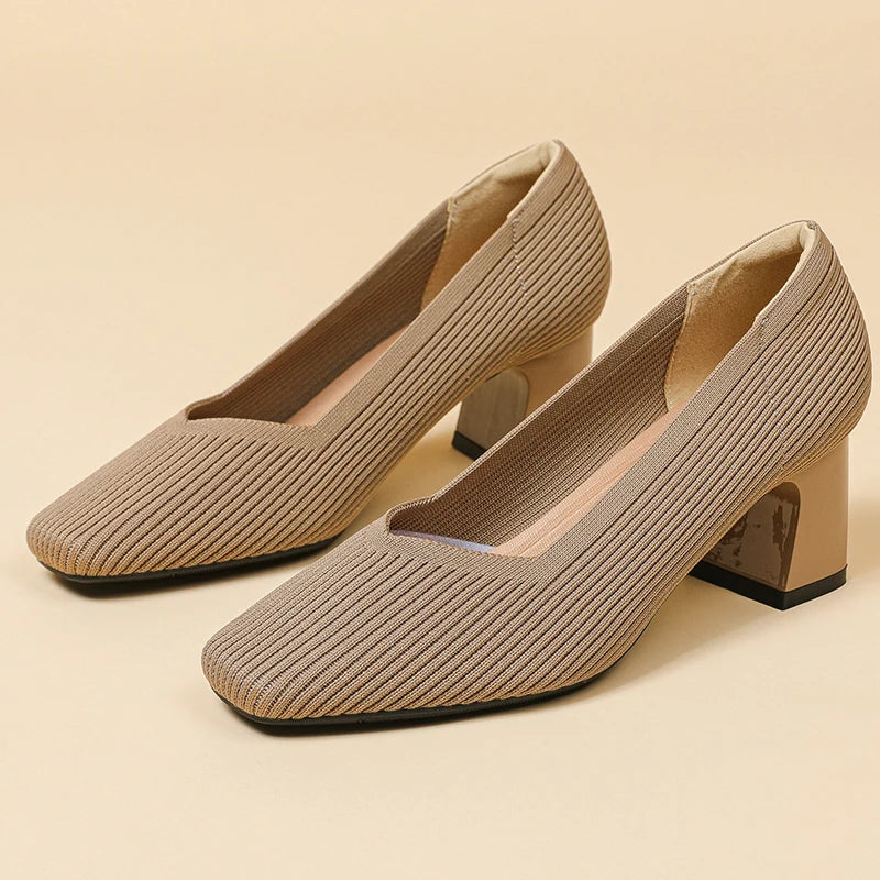 Women's high heels with multiple square toe knitted breathable and comfortable shoes for the new autumn of heel shoes