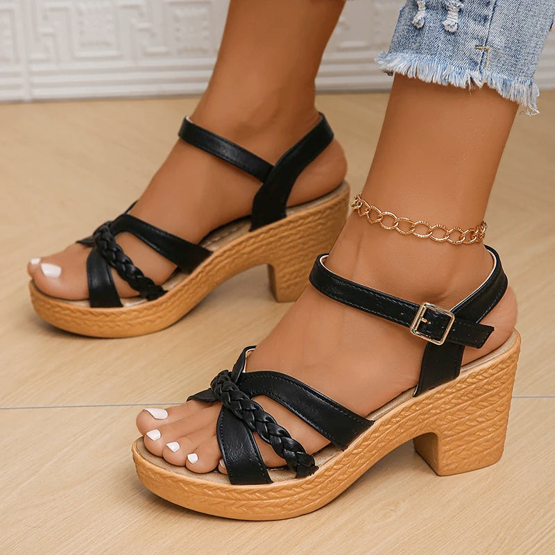 Women's Braided High Heels Sandals Summer Chunky Platform Gladiator Sandals Woman Ankle Straps Vacation Casual Beach heel shoes