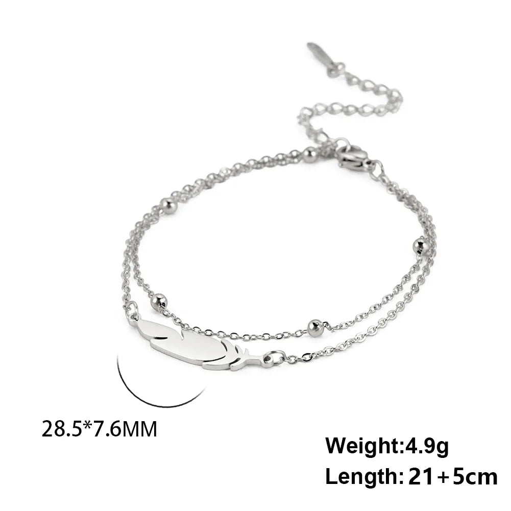 Simple Feather Stainless Steel Double Layer Bead Chain Ankle Anklets For Women Men Gold Silver Metal Anklet Daily Jewelry anklet