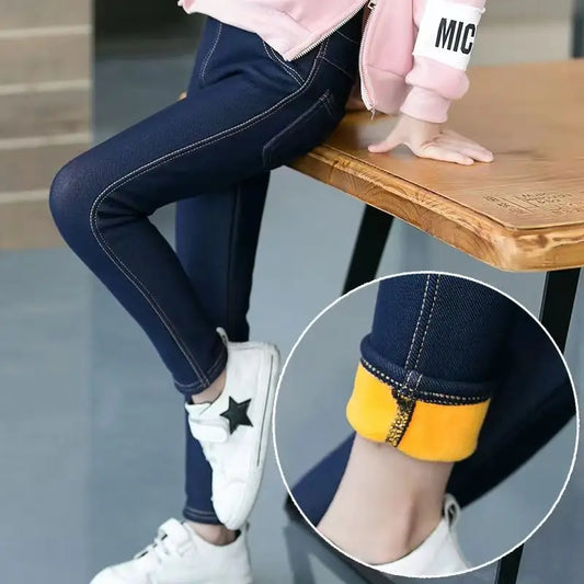 Girls Winter Cowboy Denim Long Pants Kids Thicken Warm Bootcuts Skinny Thick Leggings With Fleece Elastic Waist Trousers bottoms girls