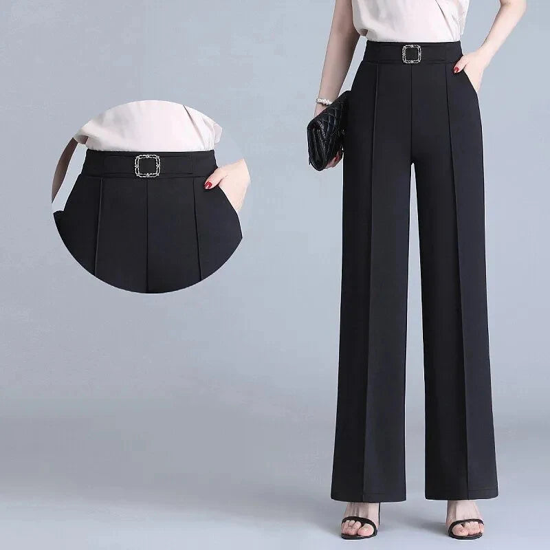 Khaki High Waist Ice Silk Wide Leg Pantalones 2023 Summer Design Mom's Straight Trousers Elegant Elastic Waist Baggy Pants Women bottom