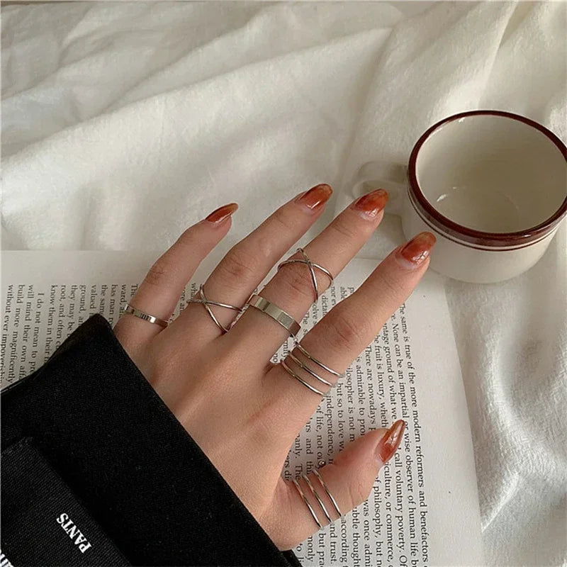 10Pcs Rings Suit For Women Silver-color Chain Ring Set Bohemian Style Coin Snake Moon Star Party Trend Gift Jewelry  rings