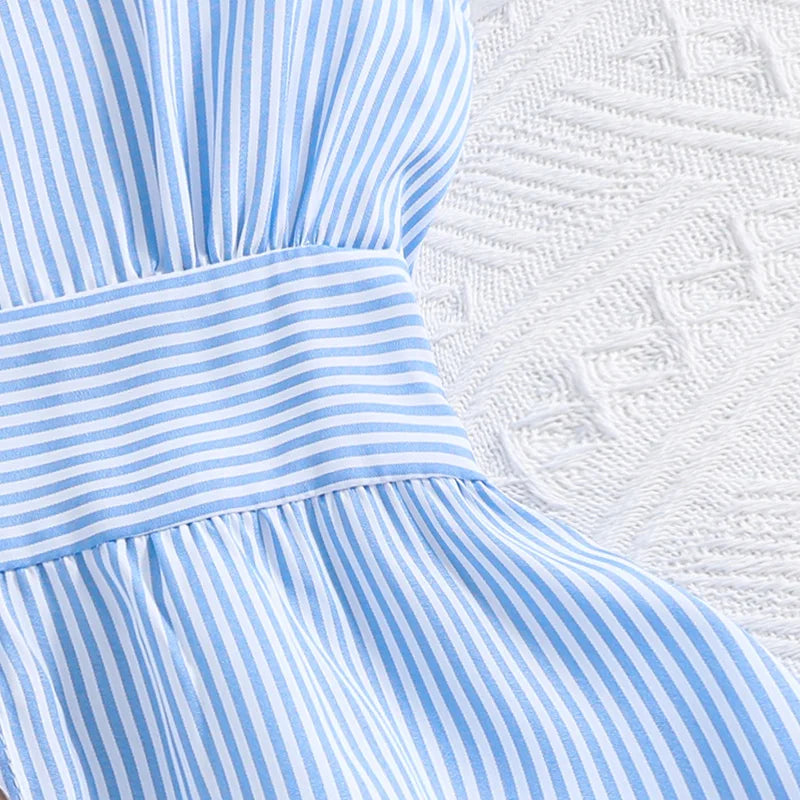 Girl Dress Summer New Light Blue Stripe Ruffled Sleeveless V-Neck Dress Elegant Cute Daily Casual Vacation Preppy Style Outifits girls dresses