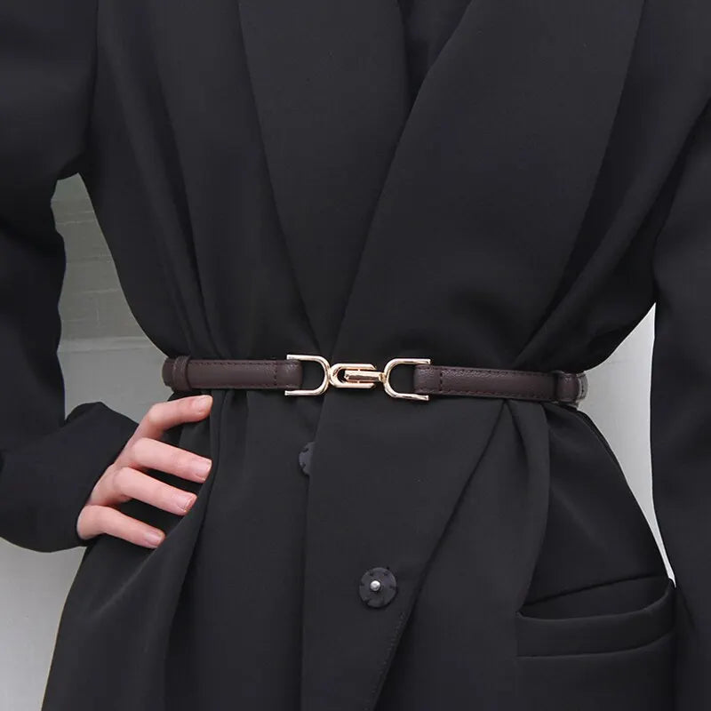 Womens Leather Skinny Belt for Dress Adjustable Thin Waist Belt Dress Belt with Vintage Gold Buckle Faux Leather belt