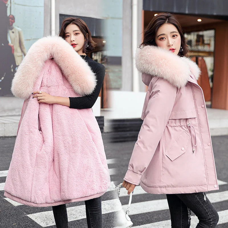 Women Parka Fashion Long Coat Wool Liner Hooded Parkas New Winter Jacket Slim with Fur Collar Warm Snow Wear Padded Clothes