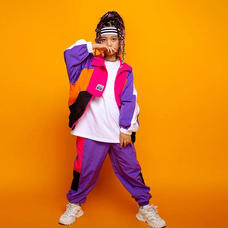 Boys Hip Hop Contrast Coat Girls Jazz Joggers Clothes Set Kids Street Dance Patchwork Jacket Sweatpants Child Costume Streetwear boys dress