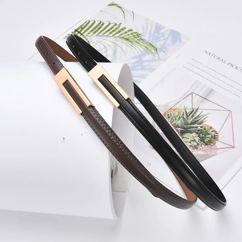 Women Korean Fashionable PU Leather Thin Waist Strap Metal Accessories Basic Belt Women Casual Porous Adjustable Fashion Belt