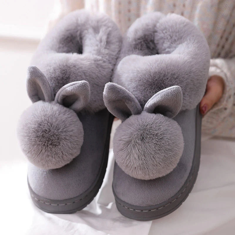 Winter Warm Home Fur Boots Womens Indoor Home Rabbit Shoe Furry Ears Footwear Indoor Bedroom Flat Heels Fluffy Ankle Boots