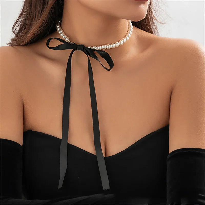 Imitation Pearl Beaded Choker Fashion Black Velvet Adjustable Bow Necklace Banquet Wedding Jewelry  necklace