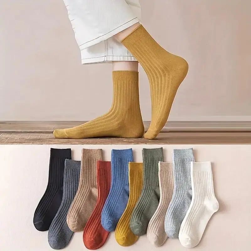 5/10 Pairs of Vibrant Mixed Color Striped Comfort Crew Socks - Soft, Breathable, Classic Casual Daily Wear Socks