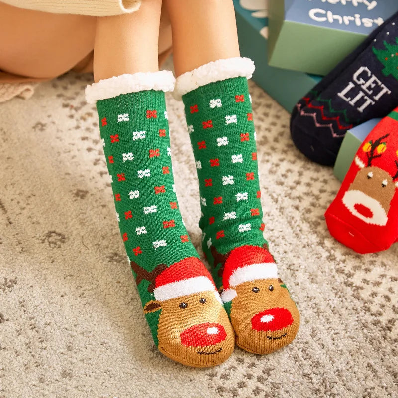 Winter Warm Socks Women penguin Plush Soft Female Non Grip Floor Slippers Short Sock Fuzzy Fluffy Deer Elk Bear Christmas Gift Socks