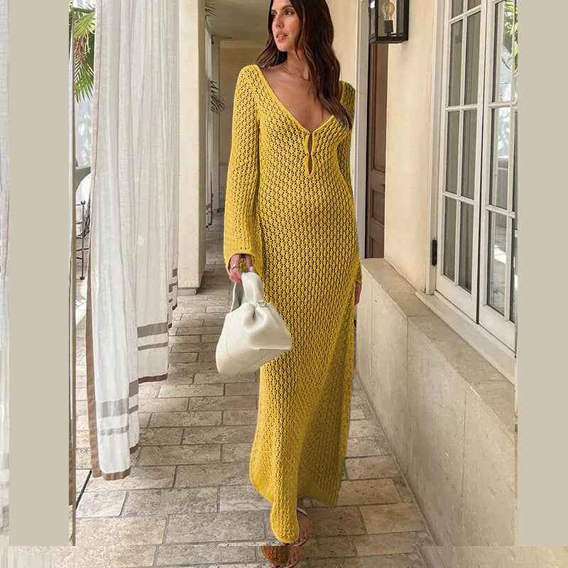 Women Long Knit Dress Hollow Out Deep V-Neck Long Sleeve Bikin Fashion Cover Up Beach Club Sexy Elegant See Through Dresses New long dress party dress