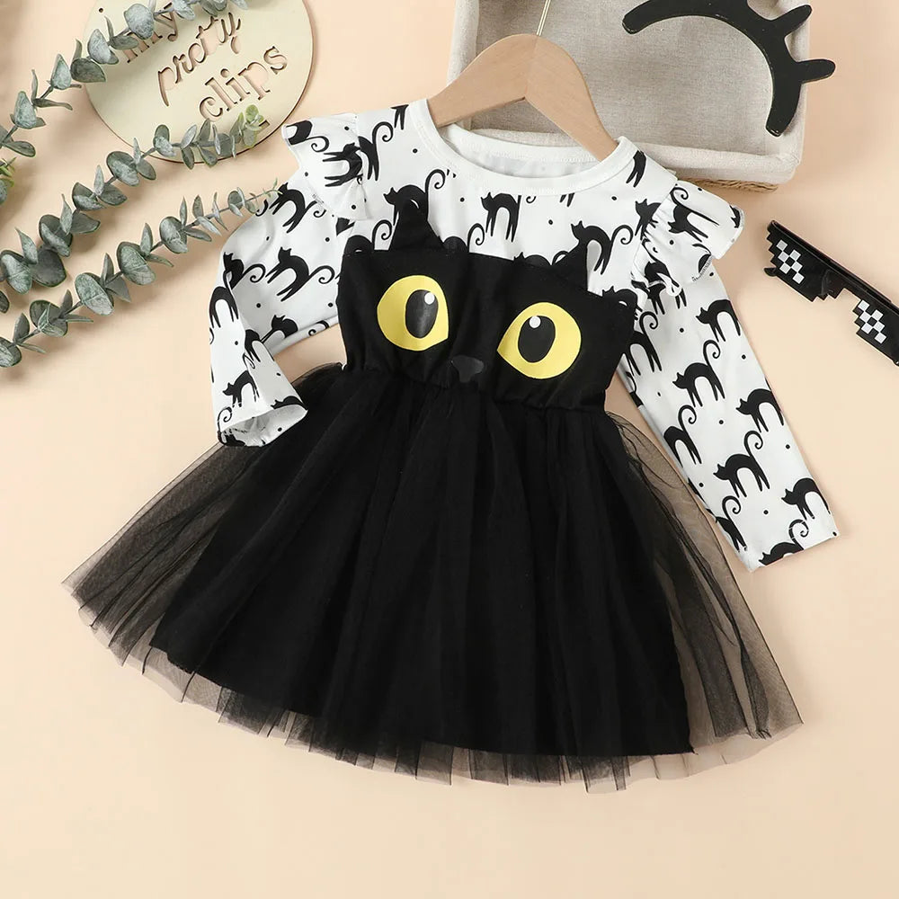 Halloween Infant Baby Girls Tulle Costume Cute Black Cat Lace Dress Ruffles Long Sleeve Princess Clothes Party Outfits girls dresses