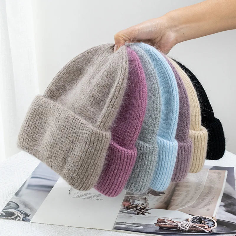 Fashion Warm Cashmere Wool Skullies Angola Rabbit Fur Winter Knitted Beanies Women Cap Female Three Fold Ski Outdoor  caps