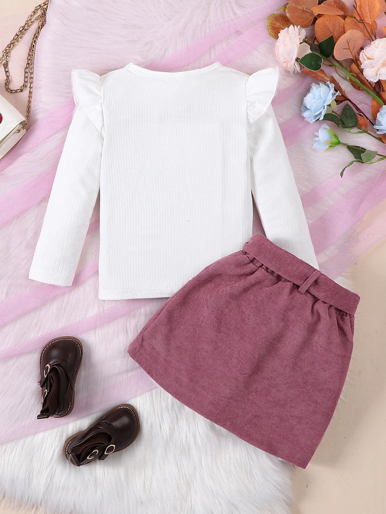 Two piece spring and autumn girl's white striped round neck long sleeved top+reddish brown fashionable casual skirt set