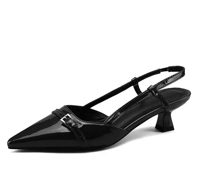 Women's Dress Shoes Patent Leather Slip on Pointed Toe Sandals Buckle Slingbacks Mid Heel shoes