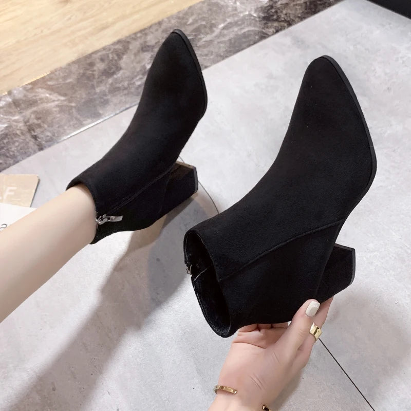 Short Boots Women's Pointed Toe Thick Heel Autumn and Winter New Thin Side Zipper Comfortable Bare Boots Women ankle boots