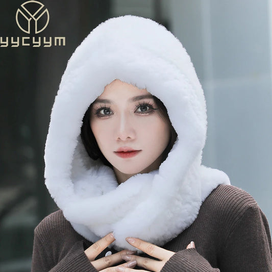 Hot Sale New Women Real Knitted Rex Rabbit Fur Hat Hooded Scarf Long Winter Warm Fur Hat With Neck Collar Scarves Hat Scarf scarf and shawl