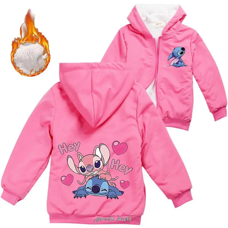 Lilo And Stitch Kids Jackets Boys Winter Thick Coats Warm Fur Outerwear For Youth Girls Hooded Jacket Children's Clothes 2-16Y  girls jackets and coats